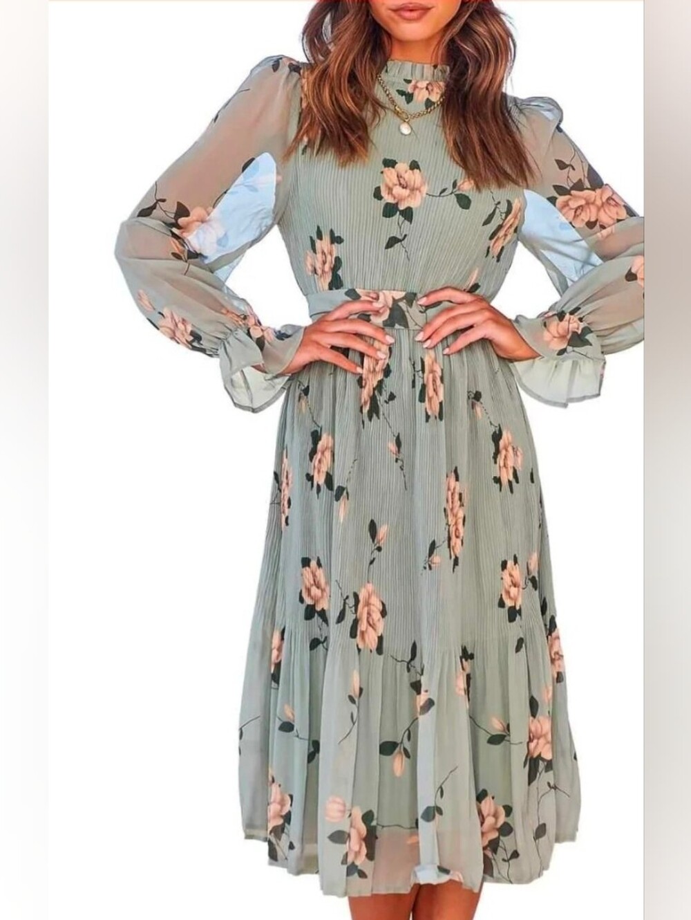 ANRABESS Women's Floral Puff Sleeve Smocked Midi Size M